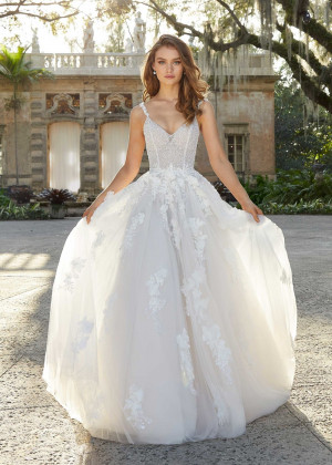 V Neck Beaded Ivory 3D Lace Tulle Modern Wedding Dress